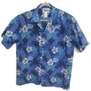 Howie Shirt Mens Large Blue Aloha Hawaiian‎ Floral Button Up Made in Hawaii USA